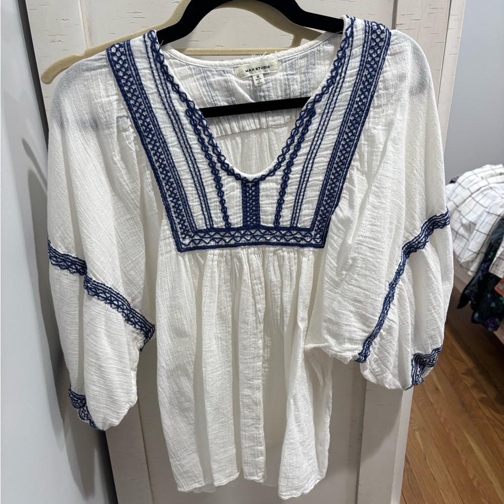 Max Studio White Blouse with Blue Embroidery